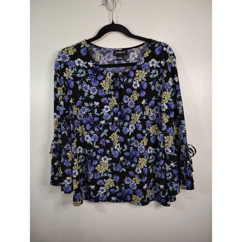 Liz Claiborne Floral Blouse Medium Black Blue Bell Sleeve Tie Career Top - Picture 2 of 5